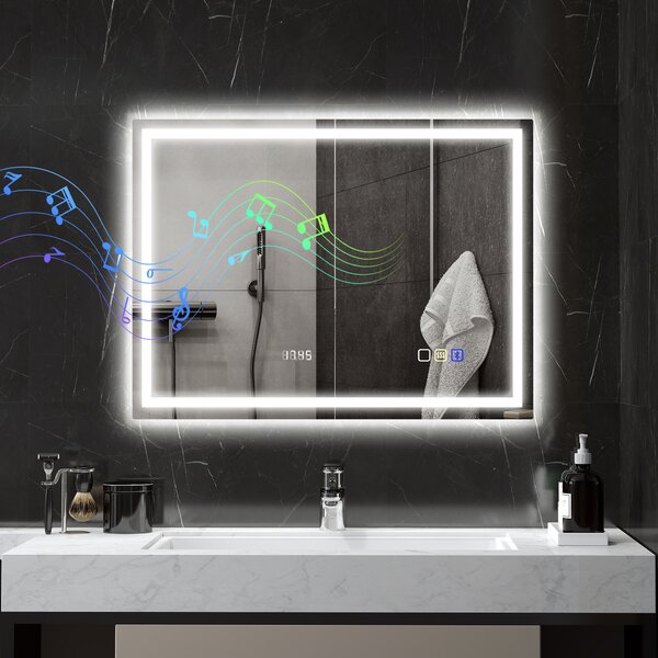 HOMCOM Specchio da bagno con illuminazione LED, pad antiappannamento, 3 colori regolabili, orologio, 600 x 800 mm, color argento | Aosom Italy
