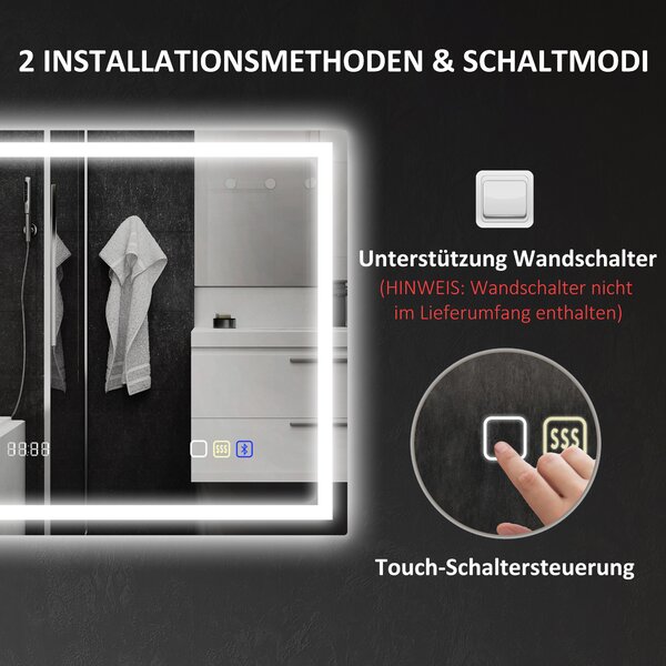 HOMCOM Specchio da bagno con illuminazione LED, pad antiappannamento, 3 colori regolabili, orologio, 600 x 800 mm, color argento | Aosom Italy