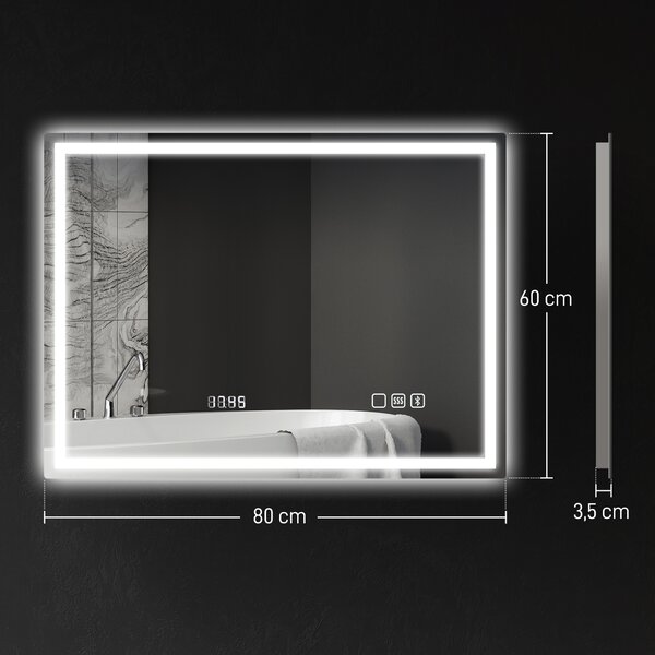 HOMCOM Specchio da bagno con illuminazione LED, pad antiappannamento, 3 colori regolabili, orologio, 600 x 800 mm, color argento | Aosom Italy