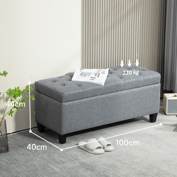 HOMCOM Panca, panca imbottita con contenitore, poliestere effetto lino, legno di caucciù, 100 x 40 x 44 cm, Grigio chiaro | Aosom Italy