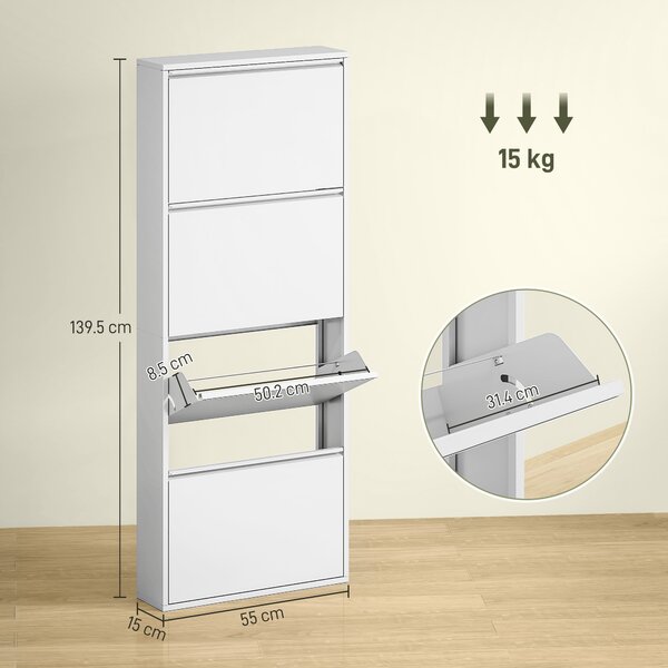 HOMCOM Scarpiera sottile in metallo per fino a 8 paia di scarpe, 4 ribalte, per ingresso, corridoio, Bianco | Aosom Italy