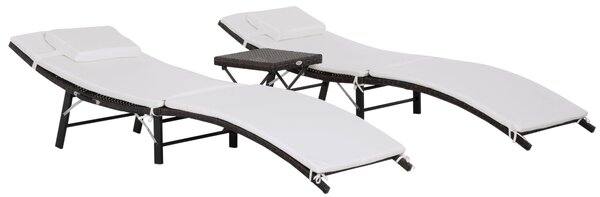 Set 2 Lettini Prendisole e Tavolino in Rattan Sintetico con Cuscini Rimovibili Marrone Crema
