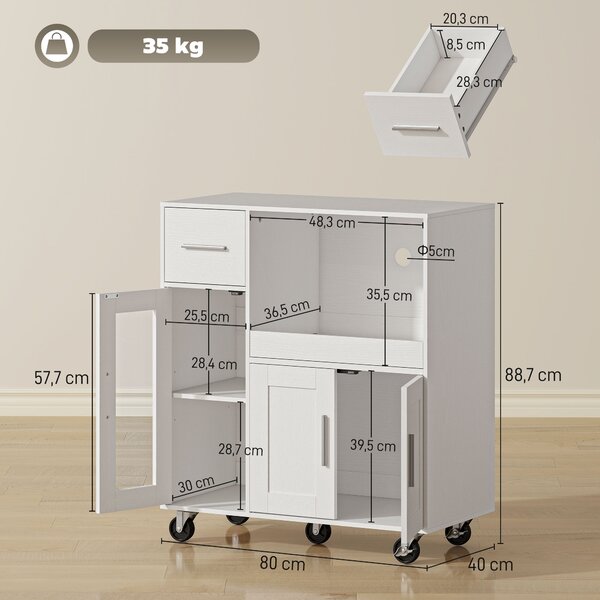 HOMCOM Mobile da cucina su ruote, mobiletto da cucina con ripiani, cassetti, ripiano regolabile, foro passacavi, bianco | Aosom Italy