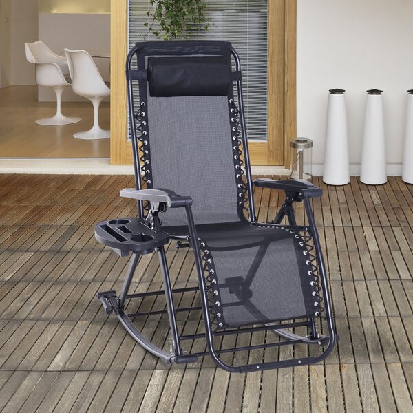 Sedia Sdraio a Dondolo Reclinabile con Poggiapiedi e Porta Bicchieri Nero 120x67x102 cm