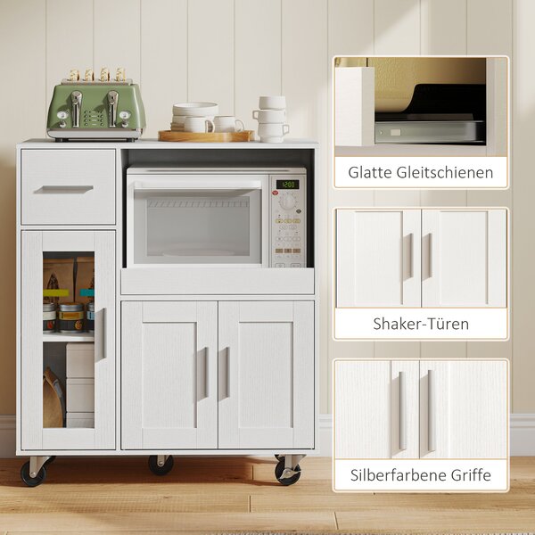 HOMCOM Mobile da cucina su ruote, mobiletto da cucina con ripiani, cassetti, ripiano regolabile, foro passacavi, bianco | Aosom Italy