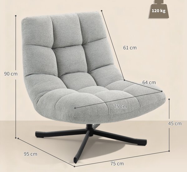 HOMCOM Poltrona girevole lounge con seduta ampia, effetto chenille idrorepellente, gambe incrociate in acciaio, Grigio chiaro | Aosom Italy