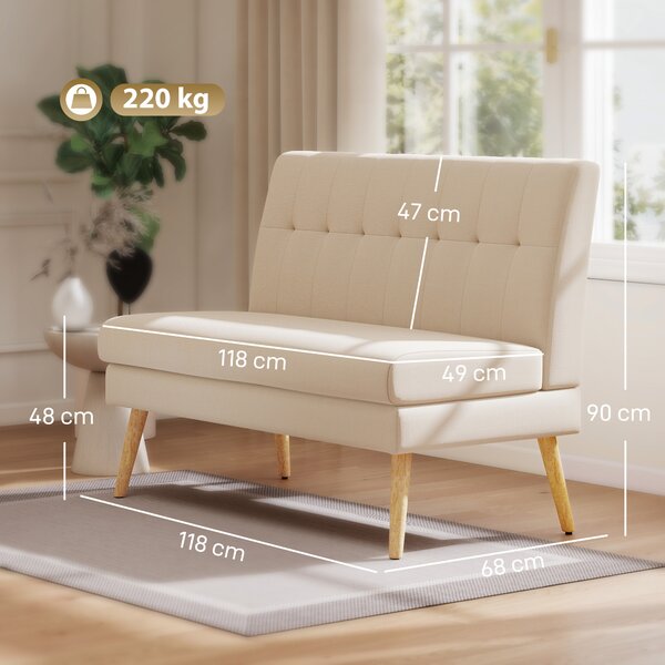 HOMCOM Divano 2 posti, schienale capitonné, gambe in legno, imbottitura spessa, effetto lino, per spazi ridotti, beige | Aosom Italy