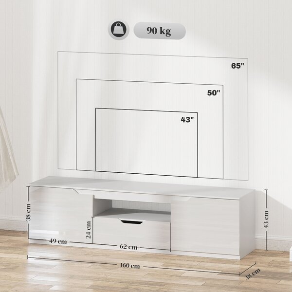 HOMCOM Lowboard TV, finitura lucida, per TV fino a 165,1 cm, 3 scomparti, cassetto, 160 x 38 x 43 cm, Bianco | Aosom Italy