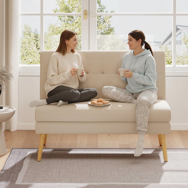 HOMCOM Divano 2 posti, schienale capitonné, gambe in legno, imbottitura spessa, effetto lino, per spazi ridotti, beige | Aosom Italy