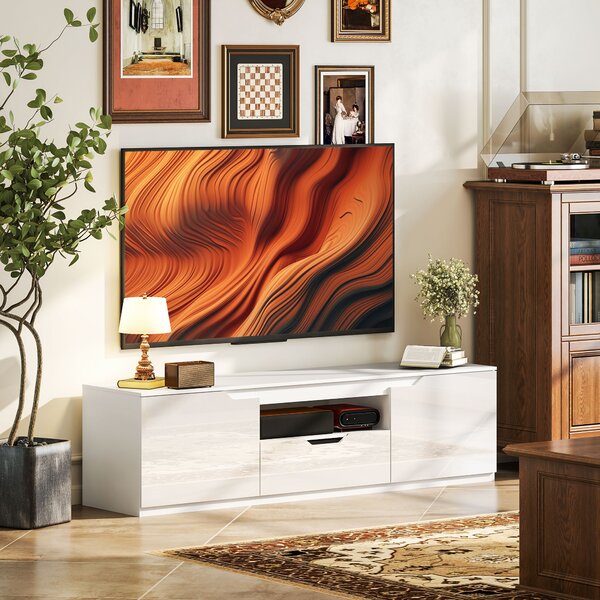 HOMCOM Lowboard TV, finitura lucida, per TV fino a 165,1 cm, 3 scomparti, cassetto, 160 x 38 x 43 cm, Bianco | Aosom Italy