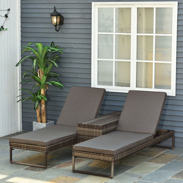 Set 2 Lettini Prendisole con Tavolino in Rattan Grigio