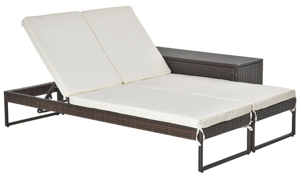 Set 2 Lettini Prendisole con Tavolino in Rattan Marrone e Bianco