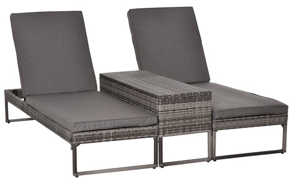 Set 2 Lettini Prendisole con Tavolino in Rattan Grigio