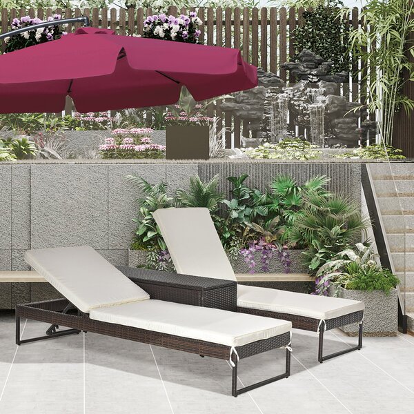 Set 2 Lettini Prendisole con Tavolino in Rattan Marrone e Bianco