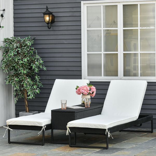 Set 2 Lettini Prendisole con Tavolino in Rattan Nero e Bianco