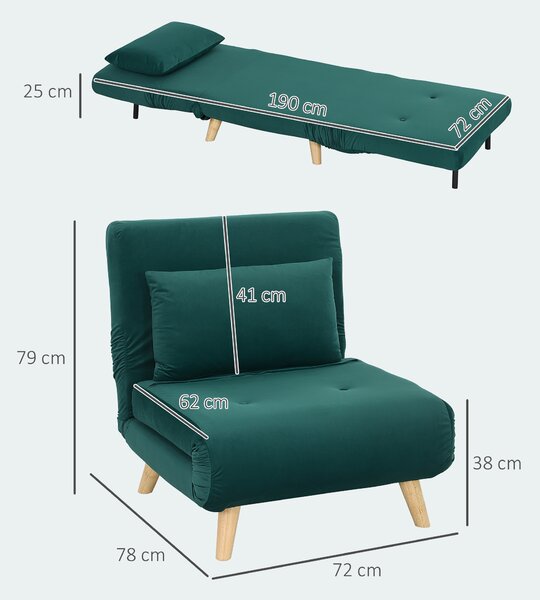 HOMCOM Poltrona pieghevole con funzione letto, poltrona relax pieghevole effetto velluto, schienale regolabile, portata fino a 120 kg, Verde scuro | Aosom Italy