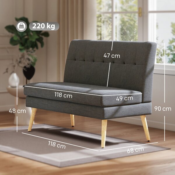 HOMCOM Divano 2 posti, schienale capitonné, gambe in legno, imbottitura spessa, effetto lino, per spazi piccoli, grigio | Aosom Italy