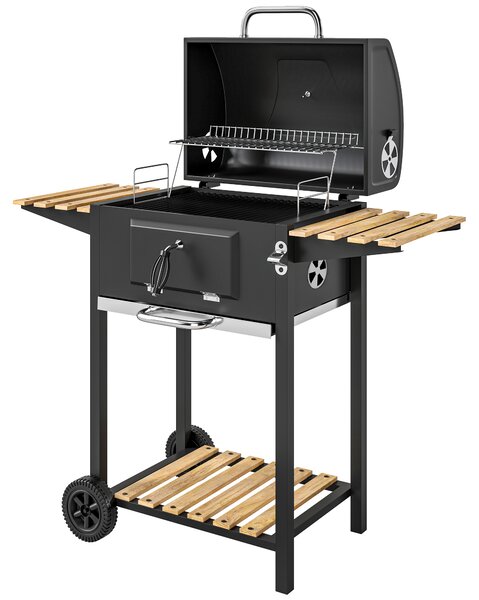 Outsunny Barbecue a carbone, vasca carbone regolabile in altezza, carrello, ripiani, termometro, apribottiglie, acciaio, legno, nero | Aosom Italy