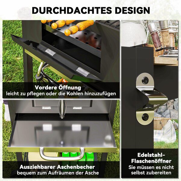 Outsunny Barbecue a carbone, vasca carbone regolabile in altezza, carrello, ripiani, termometro, apribottiglie, acciaio, legno, nero | Aosom Italy
