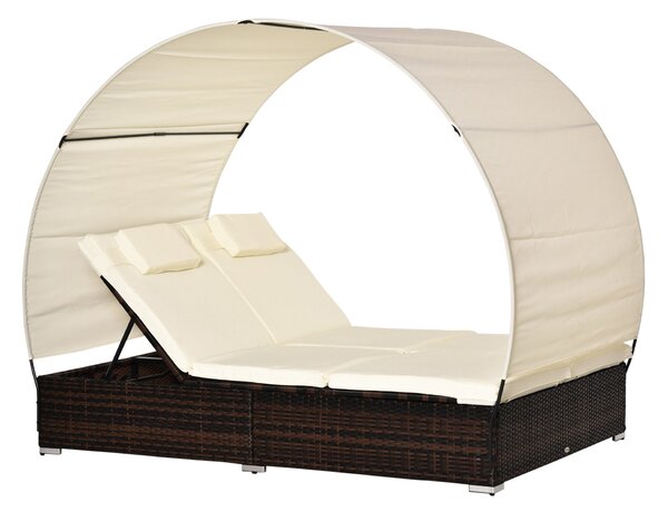 Lettino Prendisole Doppio da Giardino 196x137x36,5 cm con Tettuccio in Rattan Marrone e Crema