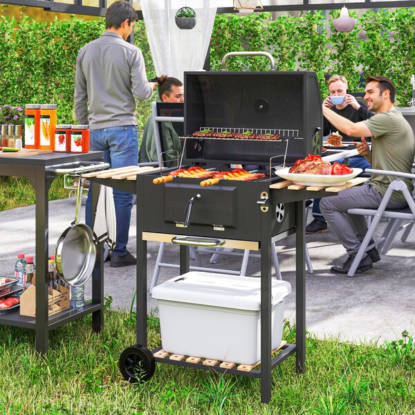 Outsunny Barbecue a carbone, vasca carbone regolabile in altezza, carrello, ripiani, termometro, apribottiglie, acciaio, legno, nero | Aosom Italy