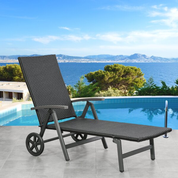 Lettino Prendisole da Giardino 192x74x55 cm con Ruote in Alluminio e Rattan Nero