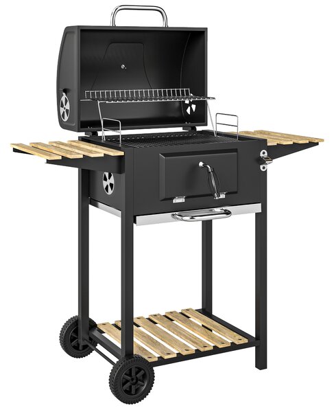Outsunny Barbecue a carbone, vasca carbone regolabile in altezza, carrello, ripiani, termometro, apribottiglie, acciaio, legno, nero | Aosom Italy