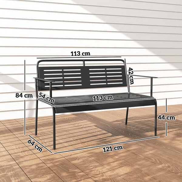 Outsunny -posti Panchina da giardino, panca resistente alle intemperie, panca idrorepellente con schienale e braccioli 121 x 64 x 84cm, Nero | Aosom Italy