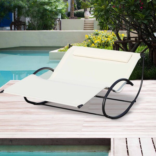 Lettino Prendisole a Dondolo 2 Posti da Giardino 140x200x88 cm in Metallo e Textilene Bianco Crema