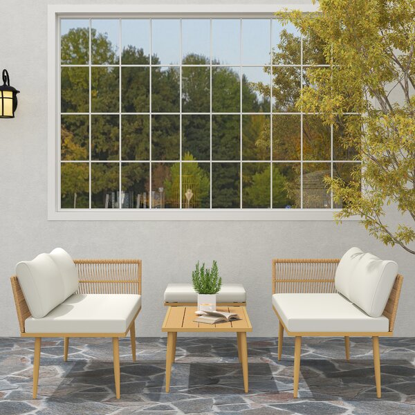 Outsunny Set di mobili da giardino per esterni in resina intrecciata resistente alle intemperie per 5 persone con 2 divani 2 posti, sgabello e tavolino, cuscini inclusi, crema | Aosom Italy