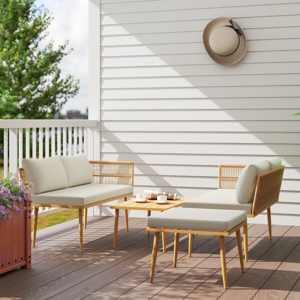 Outsunny Set di mobili da giardino per esterni in resina intrecciata resistente alle intemperie per 5 persone con 2 divani 2 posti, sgabello e tavolino, cuscini inclusi, crema | Aosom Italy