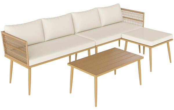 Outsunny Set di mobili da giardino per esterni in resina intrecciata resistente alle intemperie per 5 persone con 2 divani 2 posti, sgabello e tavolino, cuscini inclusi, crema | Aosom Italy