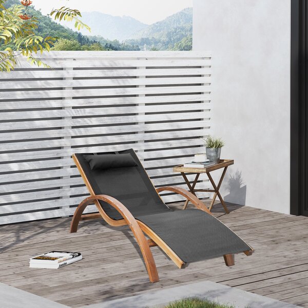 Lettino Prendisole Chaise Longue 165x72x86 cm in Legno e Tessuto a Rete Nero