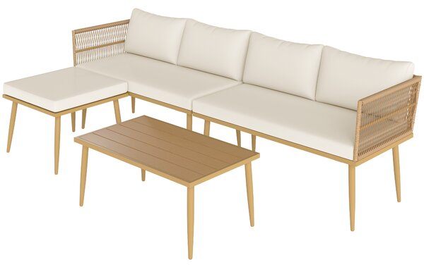 Outsunny Set di mobili da giardino per esterni in resina intrecciata resistente alle intemperie per 5 persone con 2 divani 2 posti, sgabello e tavolino, cuscini inclusi, crema | Aosom Italy
