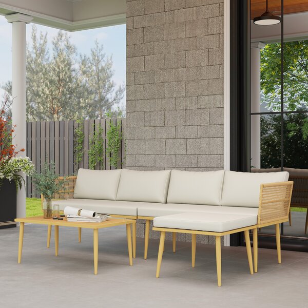 Outsunny Set di mobili da giardino per esterni in resina intrecciata resistente alle intemperie per 5 persone con 2 divani 2 posti, sgabello e tavolino, cuscini inclusi, crema | Aosom Italy