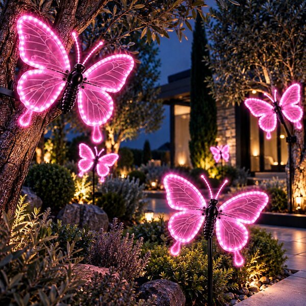 Farfalla luminosa 60x47cm 3D con movimento ali Rosa da albero e giardino Wisdom