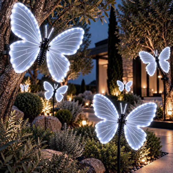 Farfalla luminosa 75x60cm 3D con movimento ali Bianco Freddo da albero e giardino Wisdom