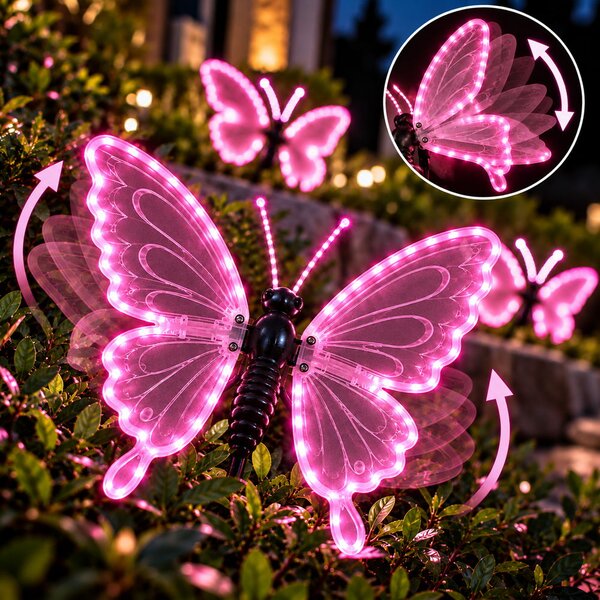 Farfalla luminosa 60x47cm 3D con movimento ali Rosa da albero e giardino Wisdom