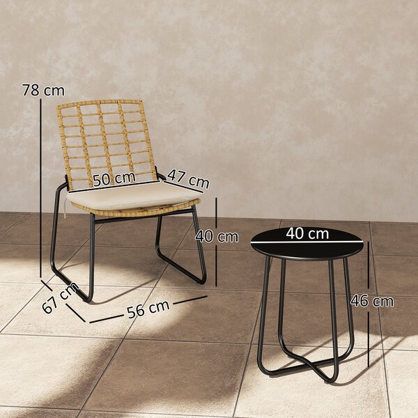 Outsunny Set mobili da giardino 3 pezzi, 2 sedie in rattan, 1 tavolo con piano metallico, cuscini per seduta, set bistro, Beige & Marrone | Aosom Italy