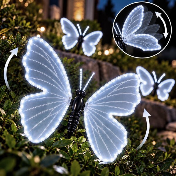 Farfalla luminosa 75x60cm 3D con movimento ali Bianco Freddo da albero e giardino Wisdom