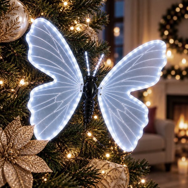 Farfalla luminosa 75x60cm 3D con movimento ali Bianco Freddo da albero e giardino Wisdom