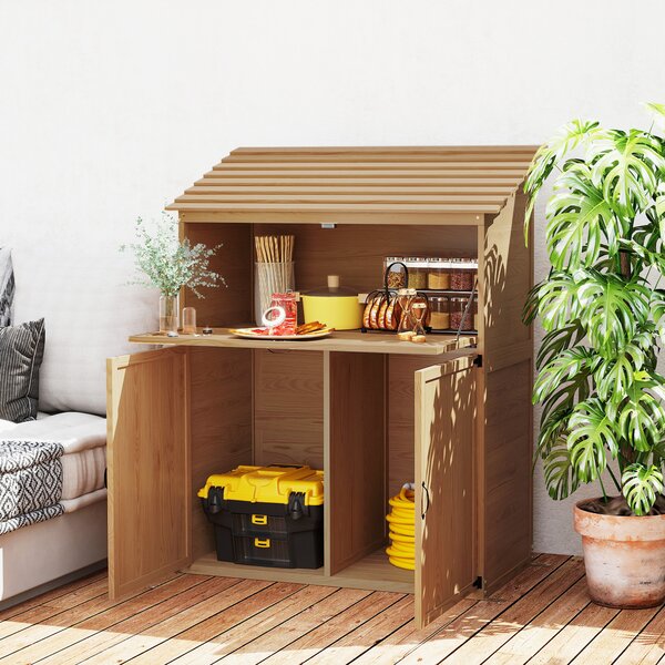 Outsunny Armadio portaoggetti da giardino con tavolo ribaltabile, armadio attrezzi con tetto, 110 x 54 x 136 cm, legno di abete, Marrone | Aosom Italy