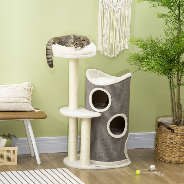 PawHut Tiragraffi con letto per gatti e cilindro per graffi per gatti, 60 cm x 44,5 cm x 109 cm, Grigio + Naturale + Bianco | Aosom Italy