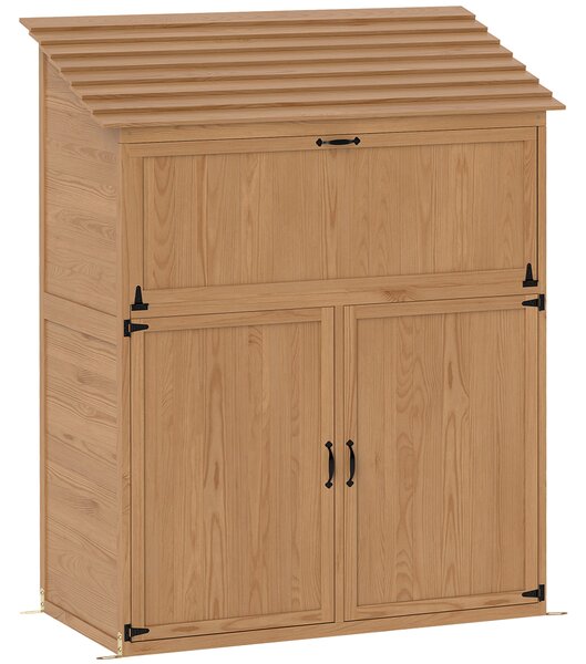 Outsunny Armadio portaoggetti da giardino con tavolo ribaltabile, armadio attrezzi con tetto, 110 x 54 x 136 cm, legno di abete, Marrone | Aosom Italy