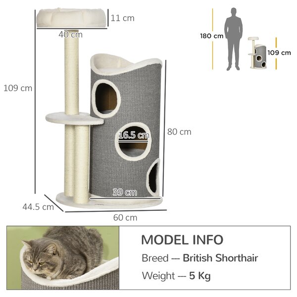 PawHut Tiragraffi con letto per gatti e cilindro per graffi per gatti, 60 cm x 44,5 cm x 109 cm, Grigio + Naturale + Bianco | Aosom Italy