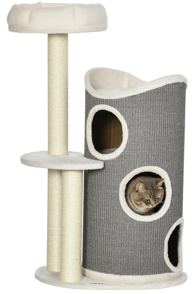PawHut Tiragraffi con letto per gatti e cilindro per graffi per gatti, 60 cm x 44,5 cm x 109 cm, Grigio + Naturale + Bianco | Aosom Italy