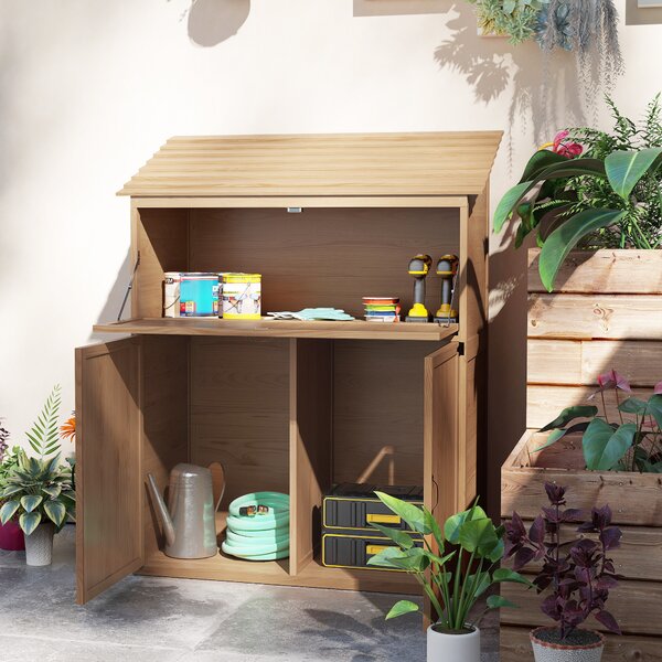Outsunny Armadio portaoggetti da giardino con tavolo ribaltabile, armadio attrezzi con tetto, 110 x 54 x 136 cm, legno di abete, Marrone | Aosom Italy