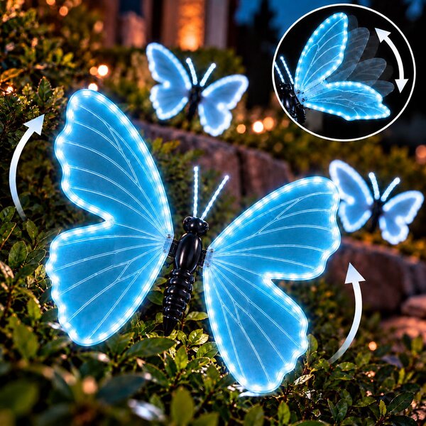 Farfalla luminosa 75x60cm 3D con movimento ali Azzurra da albero e giardino Wisdom