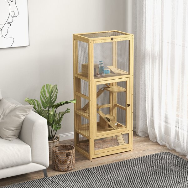 PawHut Gabbia per criceti o piccoli animali in legno, 5 piani con scala casetta altalena 54 x 38 x 131 cm legno naturale | Aosom Italy
