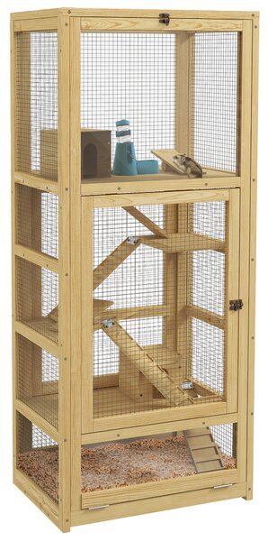 PawHut Gabbia per criceti o piccoli animali in legno, 5 piani con scala casetta altalena 54 x 38 x 131 cm legno naturale | Aosom Italy